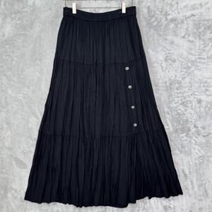 Rhythm Blue Skirt Womens Large Black Maxi Crinkle Boho Concho Button Pull On